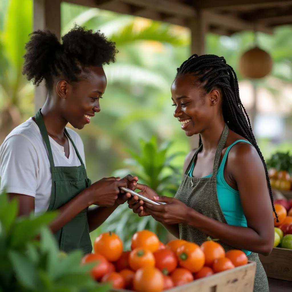 Commerçante et cliente utilisant Glan'Market pour sauver des invendus